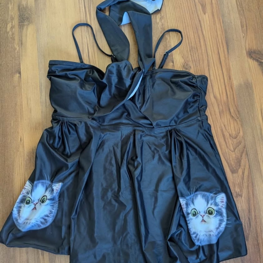 NWOT Black Cat Print Women's Tankini Swimwear